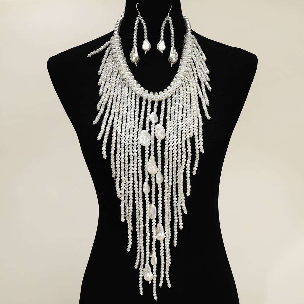 Pearl Bold Cascading Pearl Beaded Fringe Statement Necklace Set M H W ACCESSORIES LLC Pearl Bold Cascading Pearl Beaded Fringe Statement Necklace Set