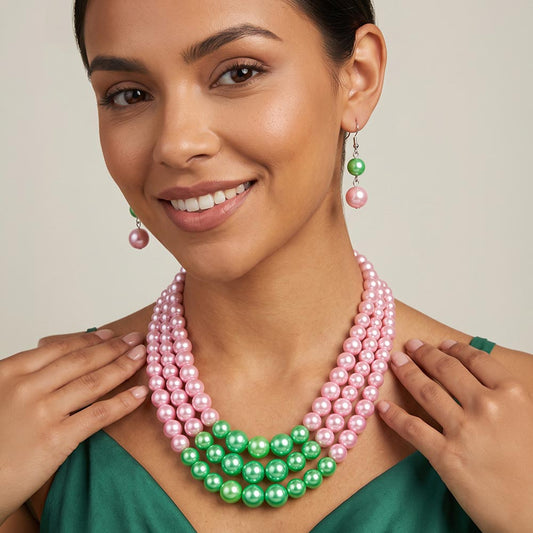 Pink & Green Triple Pearl Layered Strand Necklace for Women M H W ACCESSORIES LLC Pink & Green Triple Pearl Layered Strand Necklace for Women