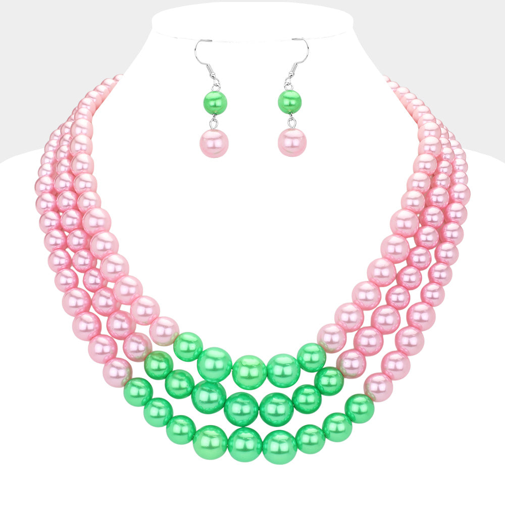 Pink & Green Triple Pearl Layered Strand Necklace for Women M H W ACCESSORIES LLC Pink & Green Triple Pearl Layered Strand Necklace for Women
