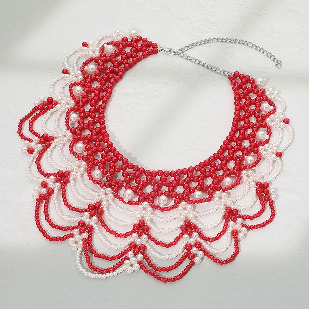 Red & White  Elegant Pearl Beaded Bib Statement Choker Necklace (Copy) M H W ACCESSORIES LLC Red & White  Elegant Pearl Beaded Bib Statement Choker Necklace (Copy)