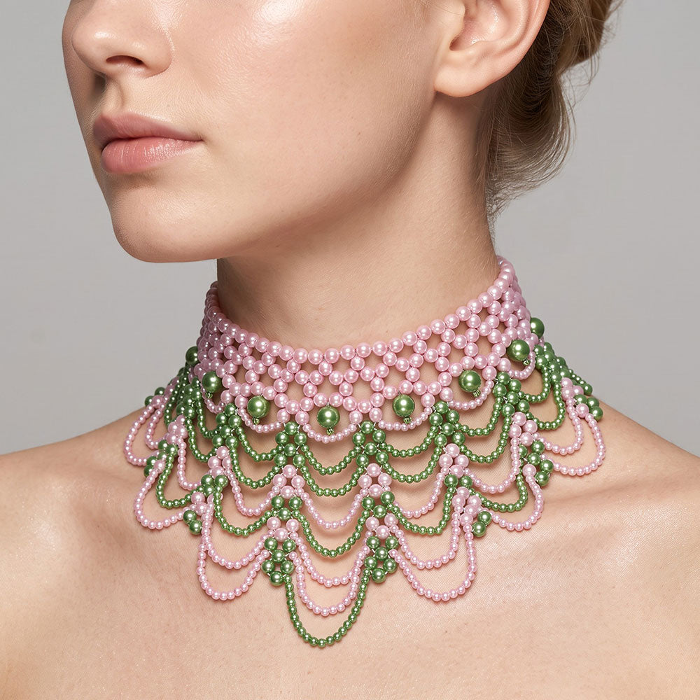 Pink & Green Elegant Pearl Beaded Bib Statement Choker Necklace M H W ACCESSORIES LLC Pink & Green Elegant Pearl Beaded Bib Statement Choker Necklace