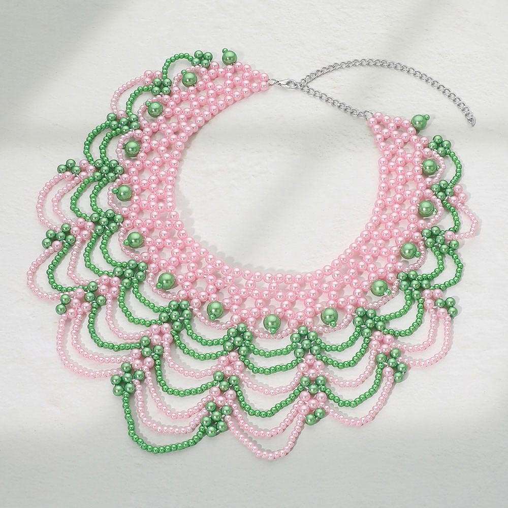 Pink & Green Elegant Pearl Beaded Bib Statement Choker Necklace M H W ACCESSORIES LLC Pink & Green Elegant Pearl Beaded Bib Statement Choker Necklace