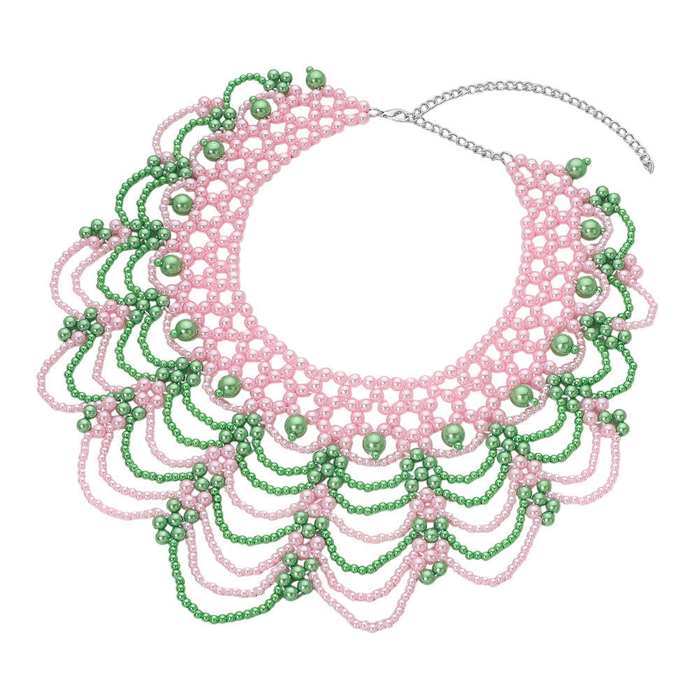Pink & Green Elegant Pearl Beaded Bib Statement Choker Necklace M H W ACCESSORIES LLC Pink & Green Elegant Pearl Beaded Bib Statement Choker Necklace