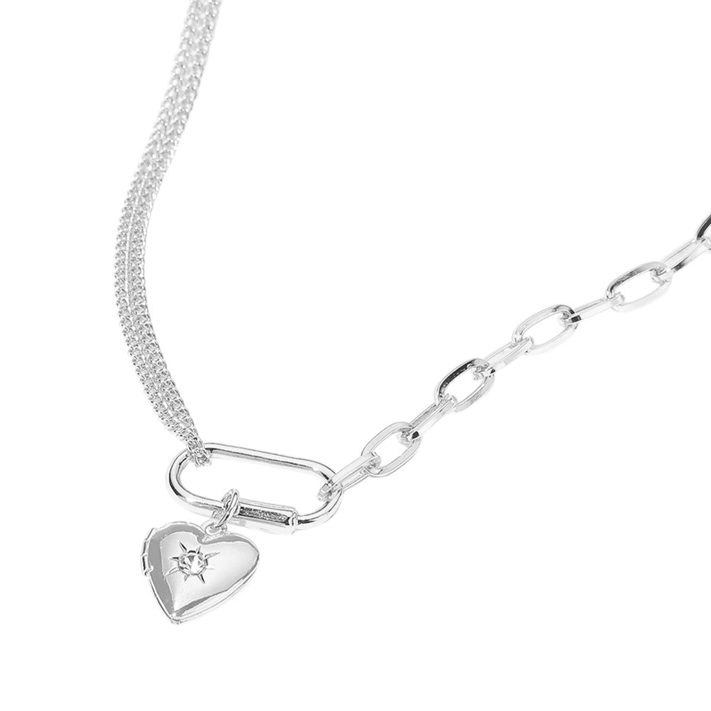Paved Heart Locket Carabiner Charm Half Paper Clip Chain Necklace - M H W ACCESSORIES LLC