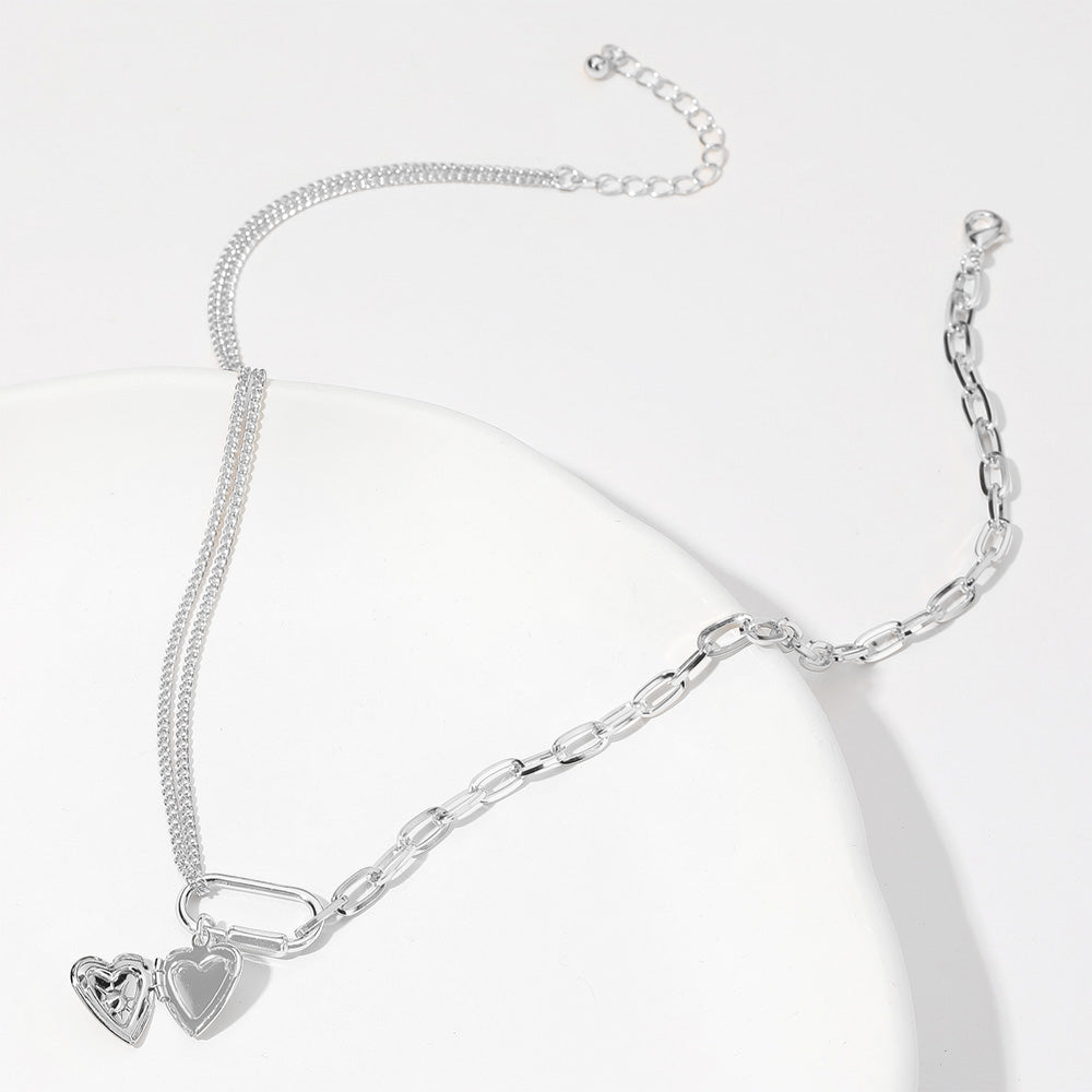 Paved Heart Locket Carabiner Charm Half Paper Clip Chain Necklace - M H W ACCESSORIES LLC