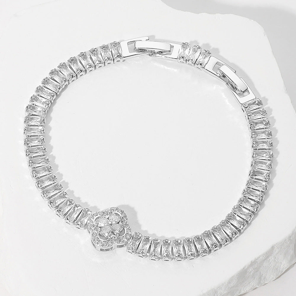 Paved Quatrefoil Pointed Gold Baguette Cluster Tennis Chain Bracelet - M H W ACCESSORIES LLC