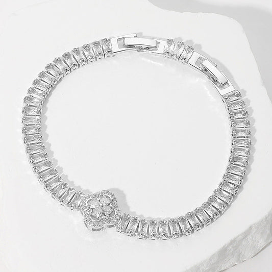 Paved Quatrefoil Pointed Gold Baguette Cluster Tennis Chain Bracelet - M H W ACCESSORIES LLC