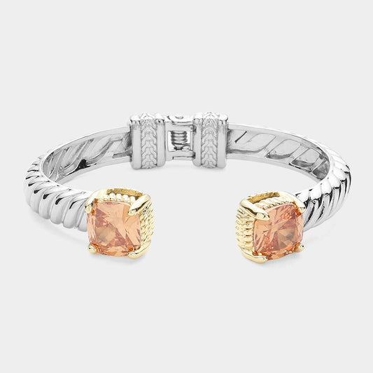 Peach CZ Square Tip Two Tone Twisted Metal Hinged Cuff Bracelet - M H W ACCESSORIES LLC
