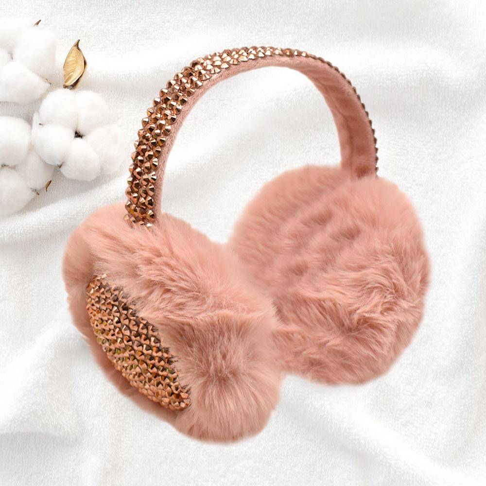 Peach Studded Fluffy Plush Fur Foldable Earmuff - M H W ACCESSORIES LLC