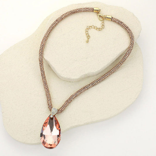 Peach Teardrop Faceted Stone Pendant Bling Studded Necklace - M H W ACCESSORIES LLC