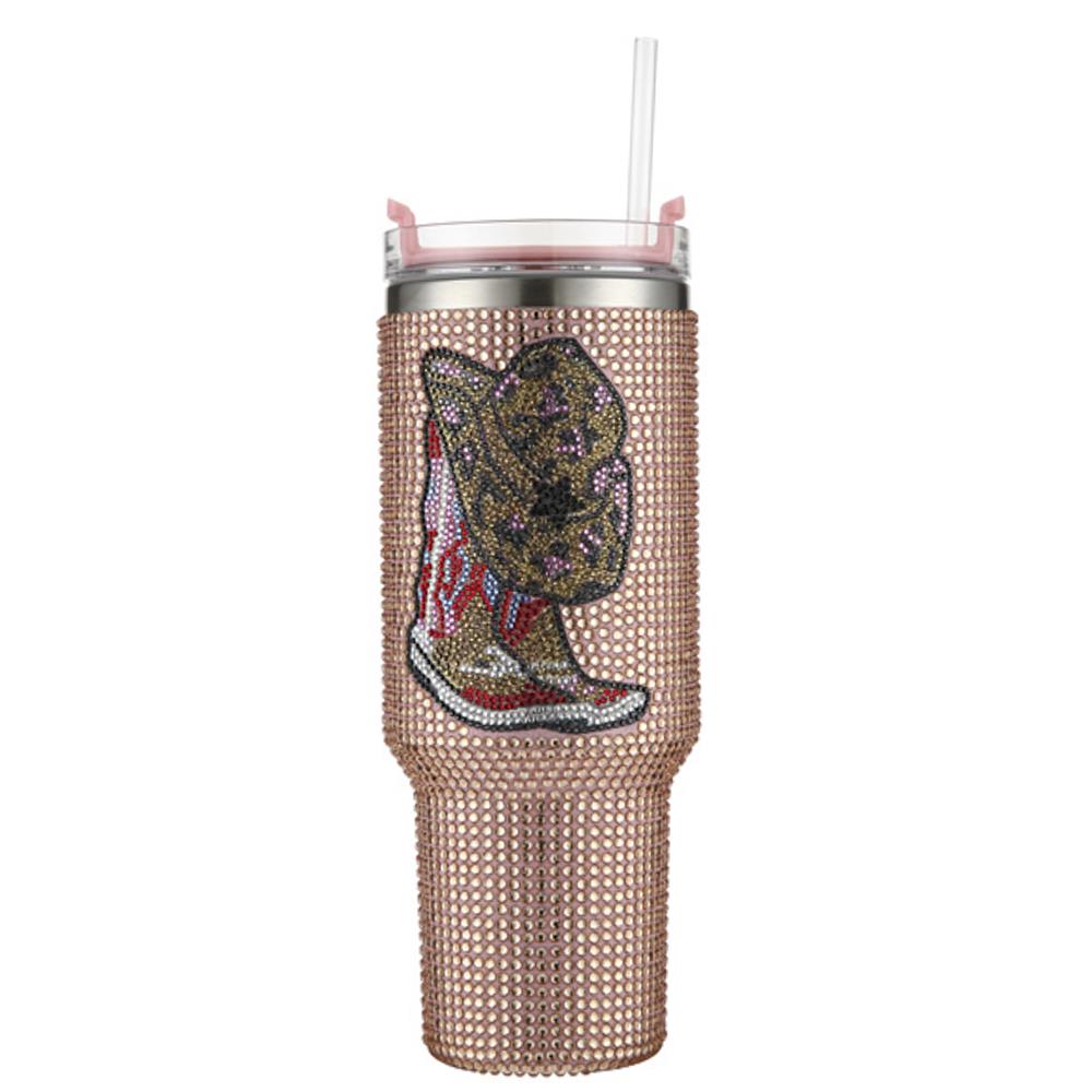 Peach WESTERN BOOTS RHINESTONE TUMBLER WITH HANDLE STRAW - M H W ACCESSORIES LLC