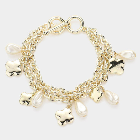 Peal Metal Quatrefoil Charm Layered Toggle Bracelet - M H W ACCESSORIES LLC