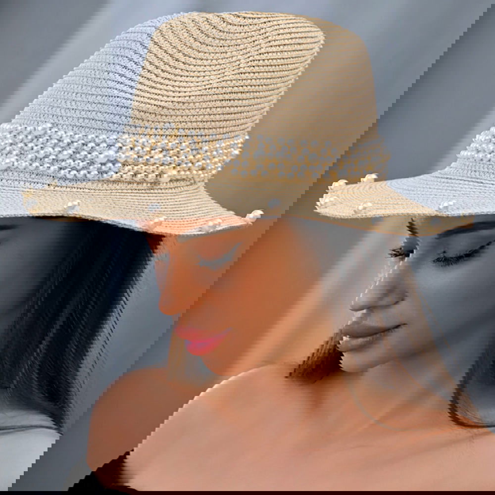 Pearl Embellished Beige Fedora Sun Hat - M H W ACCESSORIES LLC