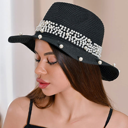 Pearl Embellished Black Fedora Sun Hat - M H W ACCESSORIES LLC