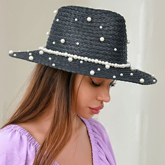 Pearl Embellished Black Straw Sun Fedora Hat - M H W ACCESSORIES LLC