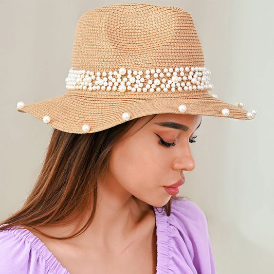 Pearl Embellished Khaki Fedora Sun Hat - M H W ACCESSORIES LLC