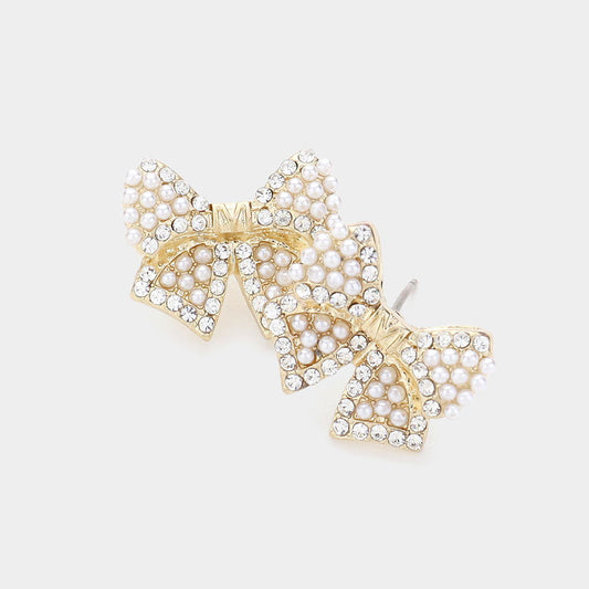Pearl Gold Paved Bow Stud Earrings for Women - M H W ACCESSORIES LLC