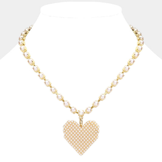 Pearl Paved Heart Pendant Necklace - M H W ACCESSORIES LLC