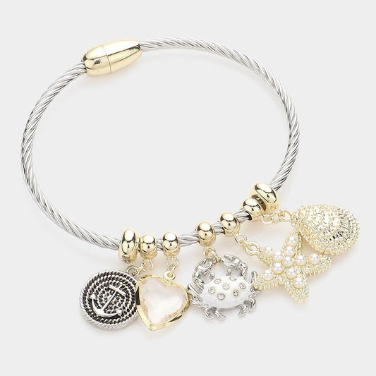 Pearl Paved Starfish Shell Stone Paved Crab Metal Anchor Charm Bracelet - M H W ACCESSORIES LLC