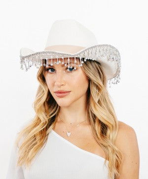Pearl Rhinestone Fringe Trim Western Ivory Cowboy Hat - M H W ACCESSORIES LLC