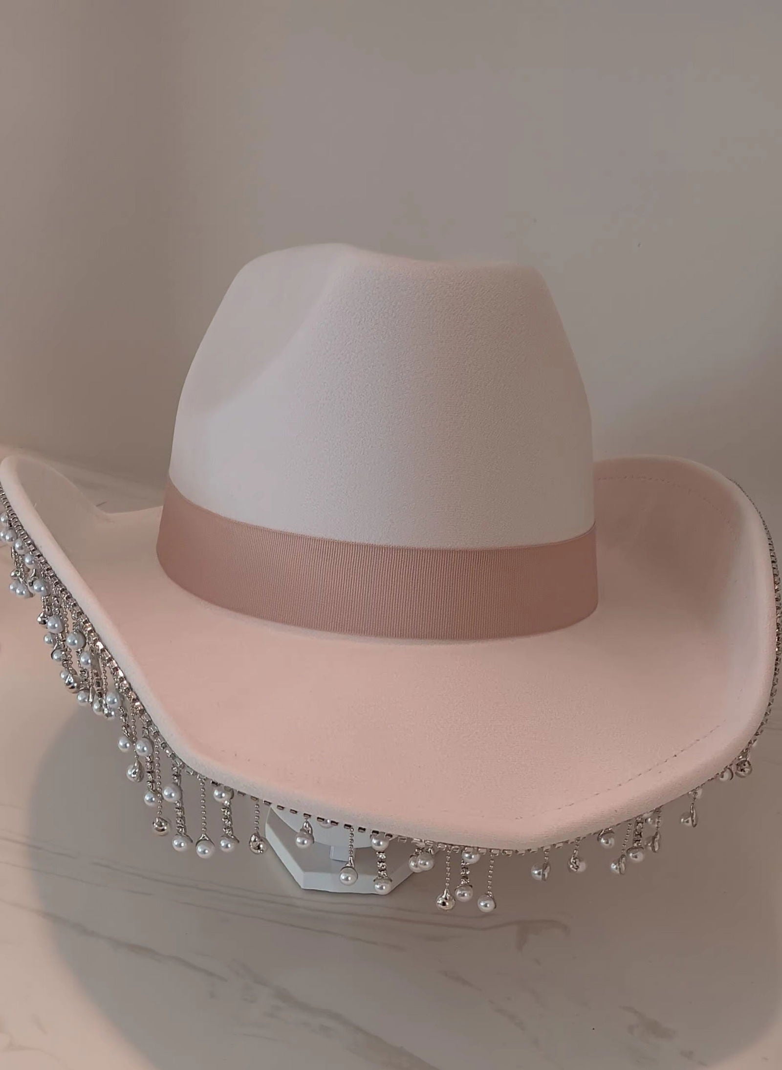 Pearl Rhinestone Fringe Trim Western Ivory Cowboy Hat - M H W ACCESSORIES LLC