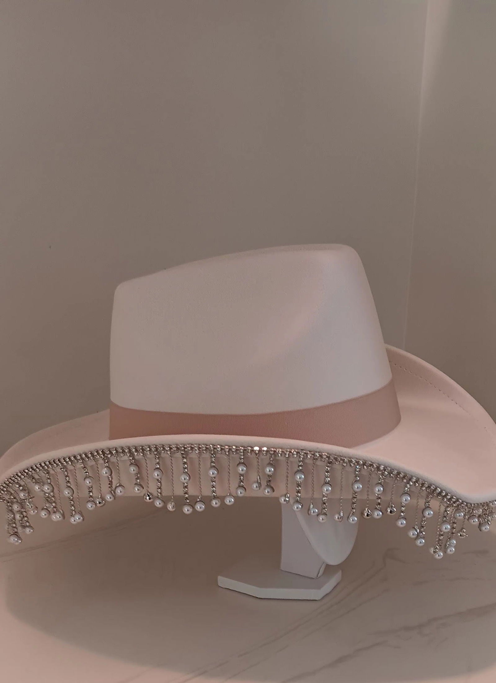 Pearl Rhinestone Fringe Trim Western Ivory Cowboy Hat - M H W ACCESSORIES LLC