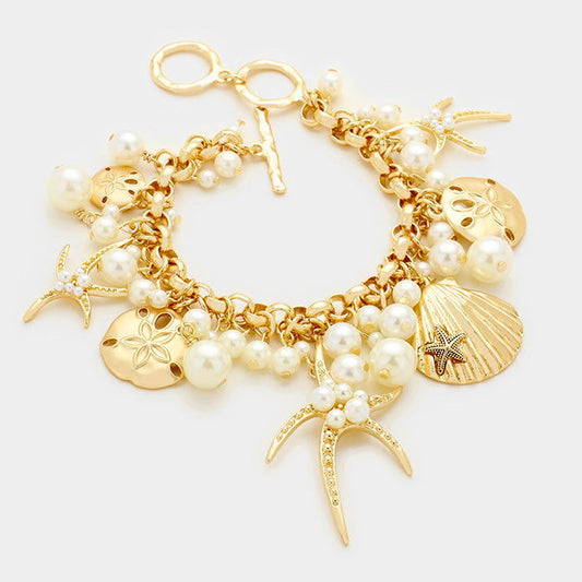 Pearl embellished starfish shell multi charm toggle bracelet for Women - M H W ACCESSORIES LLC
