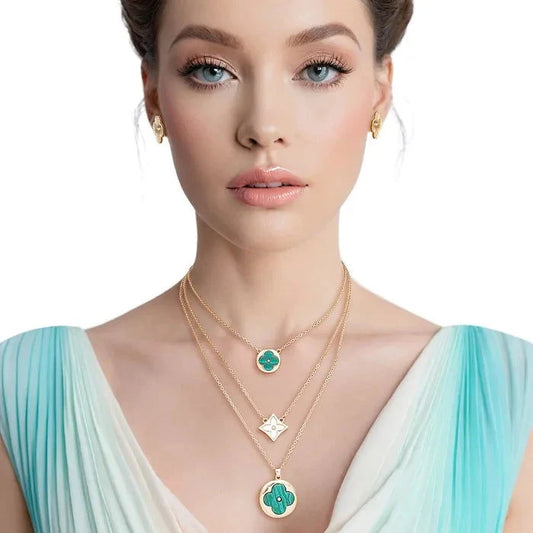 Pendant Gold Green Quatrefoil Layered Necklace - M H W ACCESSORIES LLC