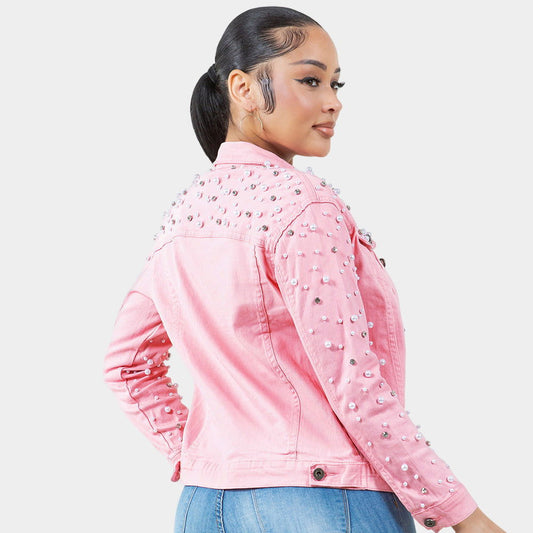 Pink Bling Pearl Bling Denim Jacket L/XL - M H W ACCESSORIES LLC