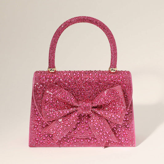 Pink Bling Studded Bow Accented Top Handle Evening Hand Bag / Crossbody Bag - M H W ACCESSORIES LLC