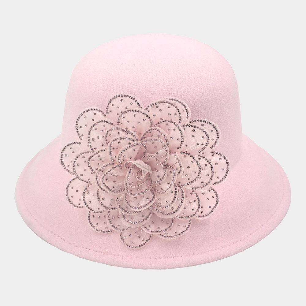 Pink Bling Studded Flower Accented Felt Bucket Hat - M H W ACCESSORIES LLC