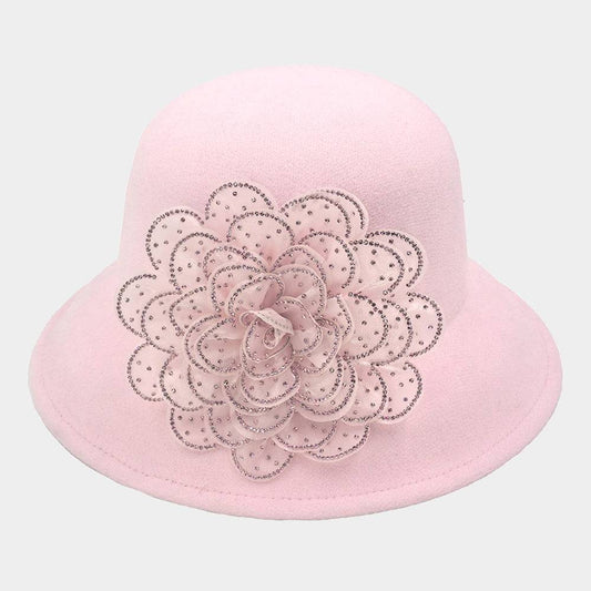 Pink Bling Studded Flower Accented Felt Bucket Hat - M H W ACCESSORIES LLC