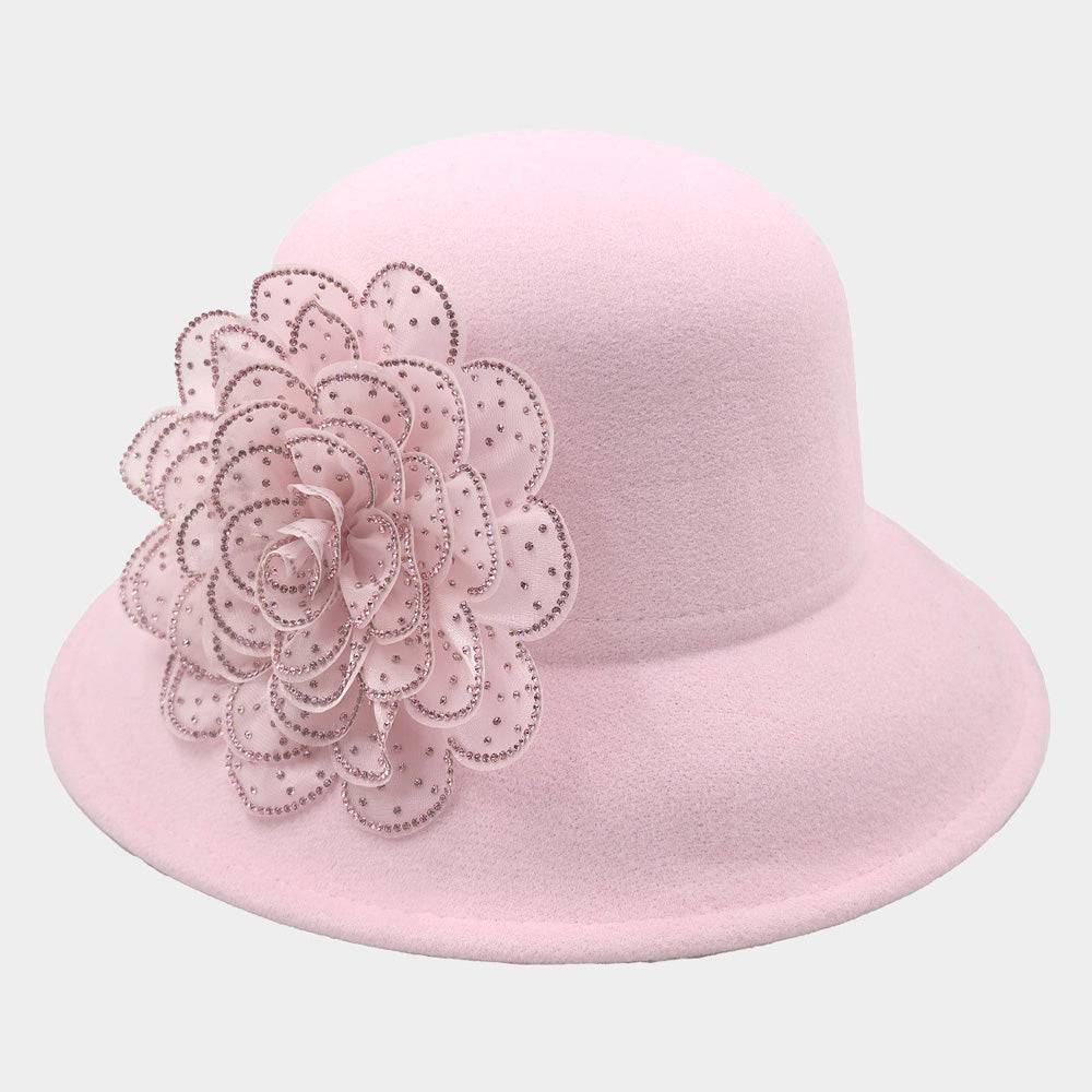 Pink Bling Studded Flower Accented Felt Bucket Hat - M H W ACCESSORIES LLC