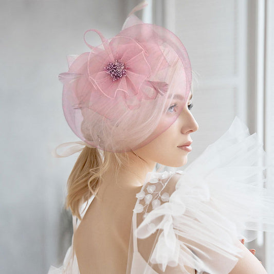 Pink Bow Flower Feather Mesh Flower Fascinator / Headband - M H W ACCESSORIES LLC