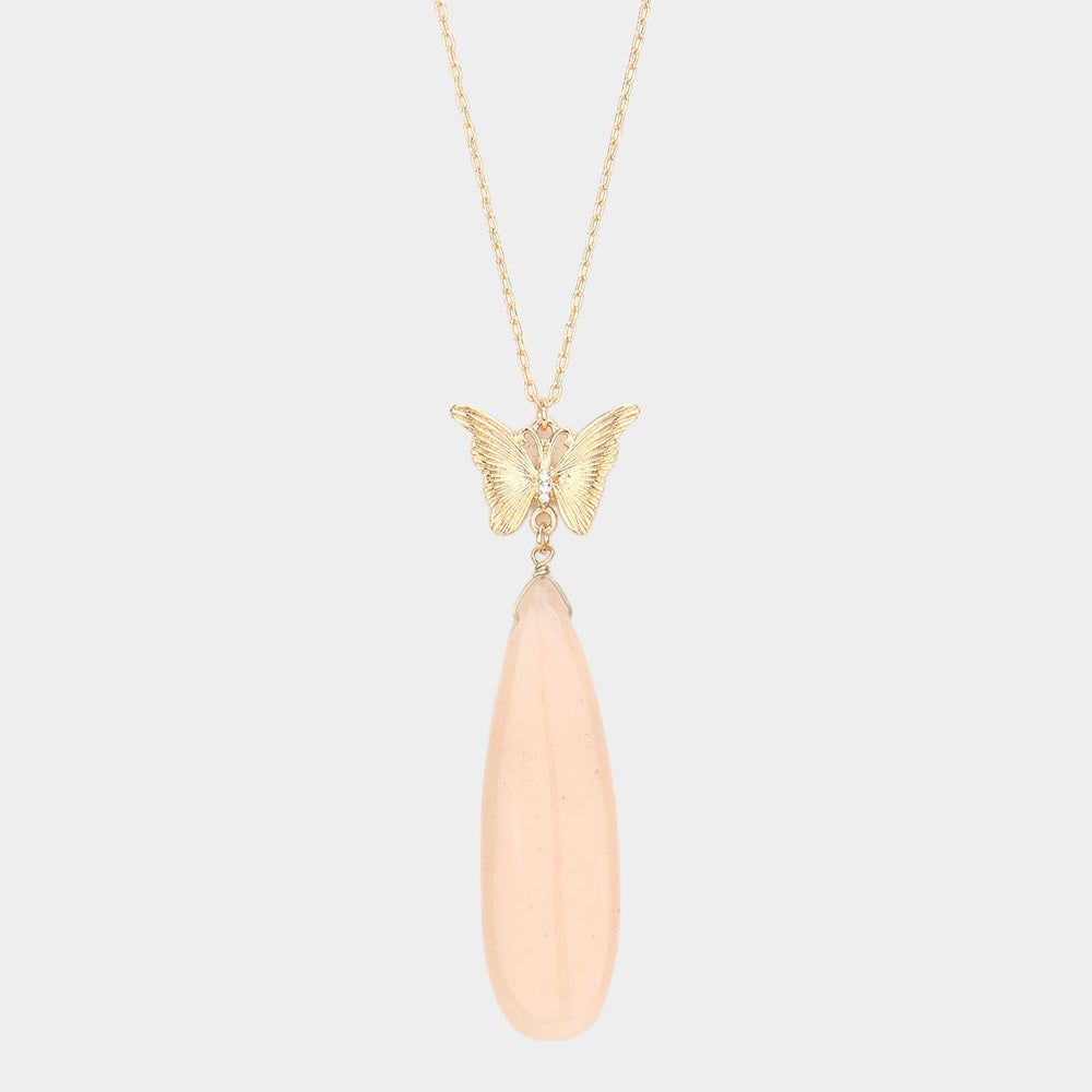 Pink Butterfly Natural Stone Teardrop Link Pendant Long Necklace - M H W ACCESSORIES LLC
