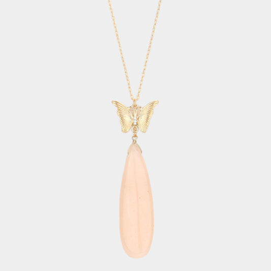 Pink Butterfly Natural Stone Teardrop Link Pendant Long Necklace - M H W ACCESSORIES LLC