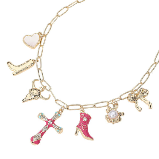 Pink Cross Cowboy Boot Metal Steer Head Bow Pearl Heart Charm Chain Necklace - M H W ACCESSORIES LLC