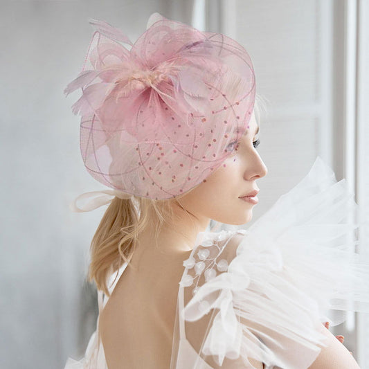 Pink Dot Bow Feather Mesh Flower Fascinator / Headband - M H W ACCESSORIES LLC