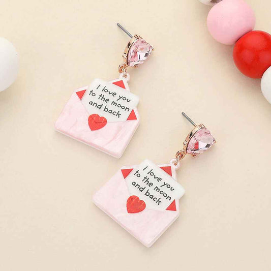 Pink Glittered Resin Love Letter Dangle Earrings