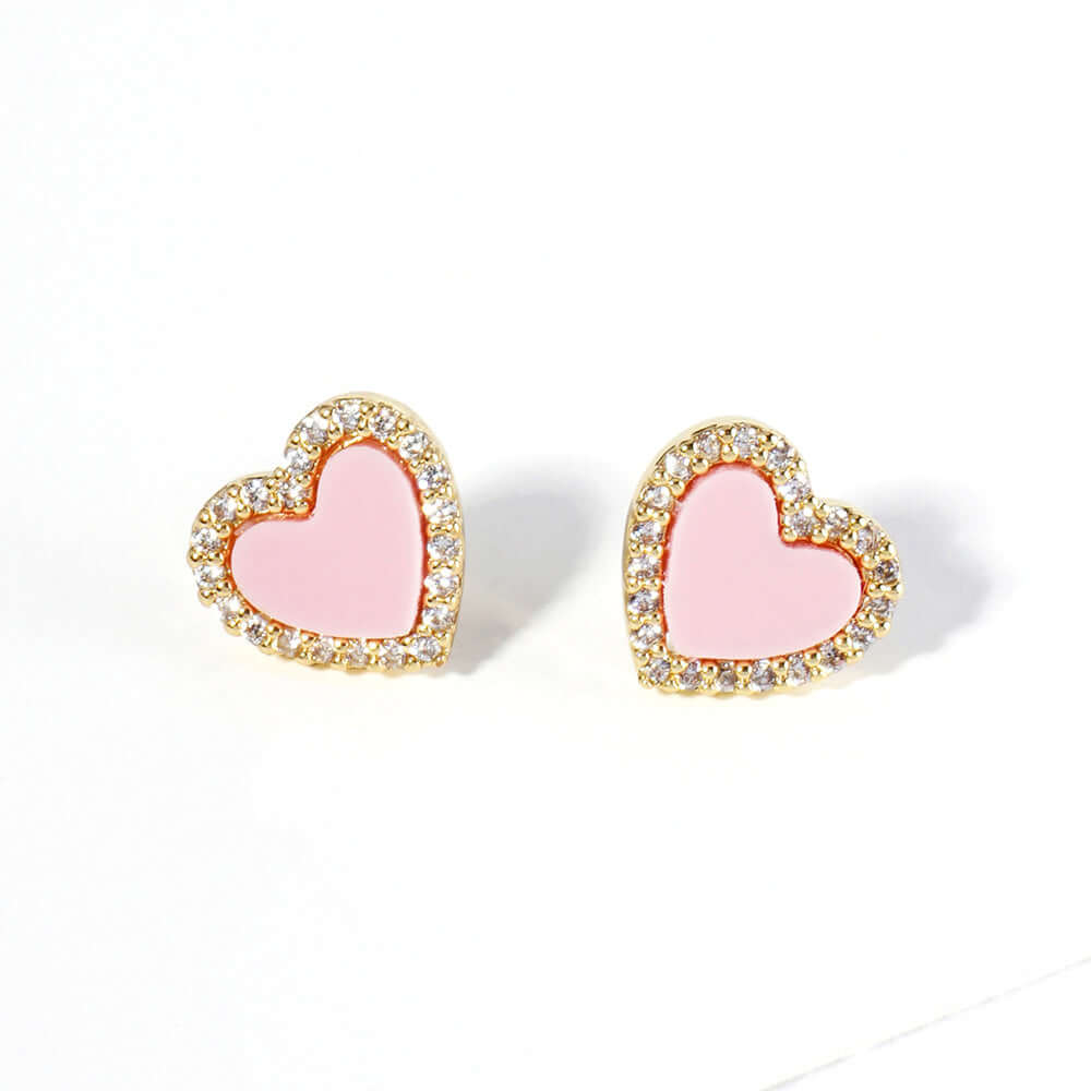 Pink Gold Dipped CZ Paved Rim Heart Stud Earrings - M H W ACCESSORIES LLC