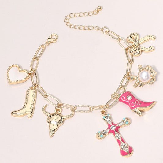 Pink & Gold Enamel Cross Cowboy Boot Metal Bow Pearl Heart Charm Station Chain Bracelet - M H W ACCESSORIES LLC