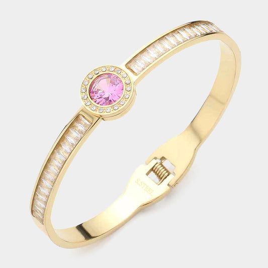 Pink Gold Stainless Steel Round Stone Accented Baguette - M H W ACCESSORIES LLC