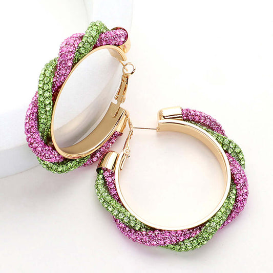 Pink & Green Bling Studded Twisted Hoop Earrings - M H W ACCESSORIES LLC