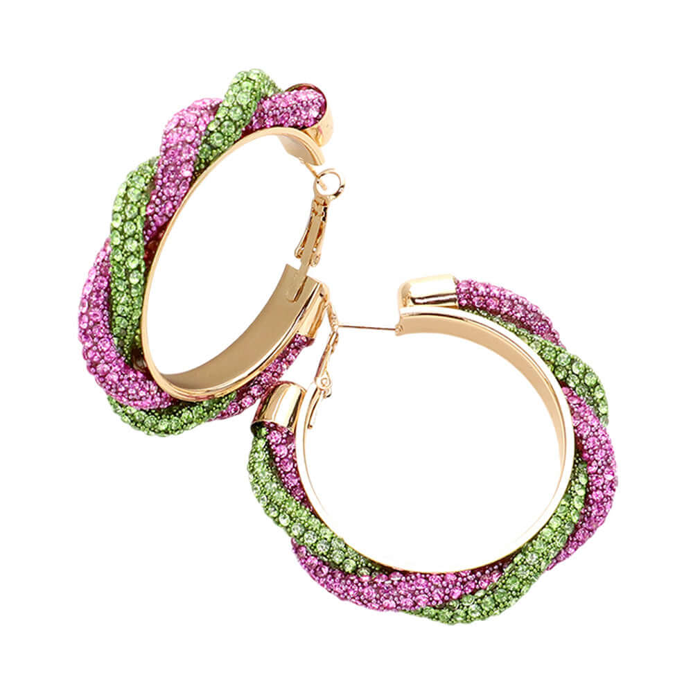 Pink & Green Bling Studded Twisted Hoop Earrings - M H W ACCESSORIES LLC