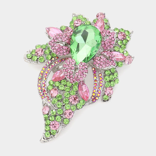 Pink & Green Floral Crystal Pave Bouquet Brooch / Pendant - M H W ACCESSORIES LLC