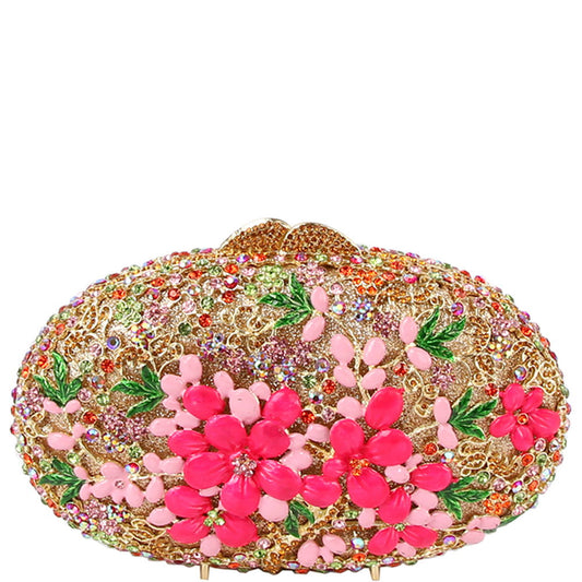 Pink & Green Flower Crystal Rhinestone Oval Clutch Evening Bag - M H W ACCESSORIES LLC