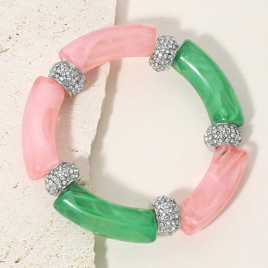 Pink & Green  Paved Ring Acetate Bar Beaded Stretch Bracelet - M H W ACCESSORIES LLC