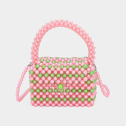 Pink & Green Pearl Beaded Mini Top Handle Handbag / Crossbody Bag - M H W ACCESSORIES LLC