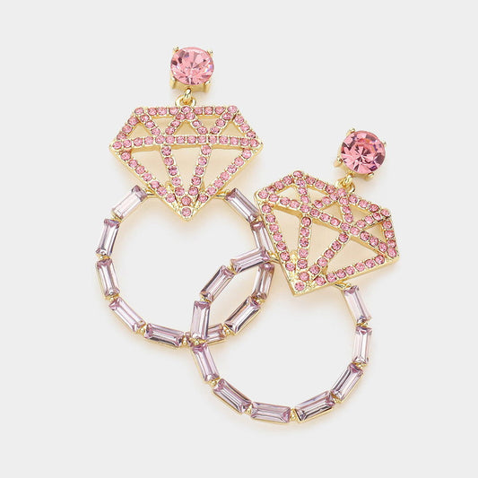 Pink Multi Crystal Diamond Ring Dangle Evening Earrings - M H W ACCESSORIES LLC