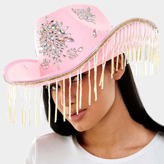 Pink Rhinestone Embellished Band Pointed Rhinestone Stone Paved Fringe Around Cowboy Western Hat - M H W ACCESSORIES LLC